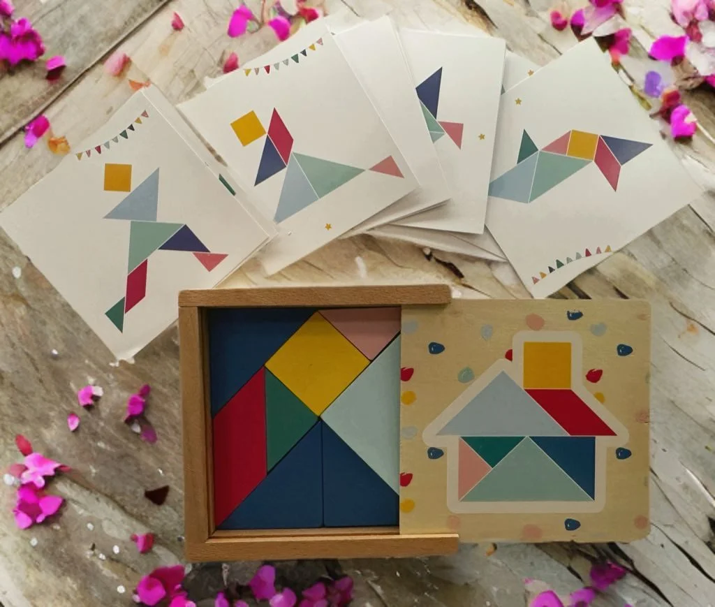 Holz Lernspiel Set – Zahlen, Uhrzeit oder Tangram (Auswahl)